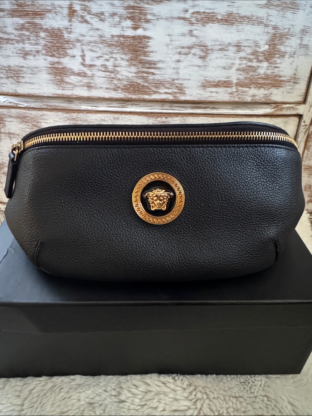 Versace Black Leather Belt Bag with Gold Medusa Detail